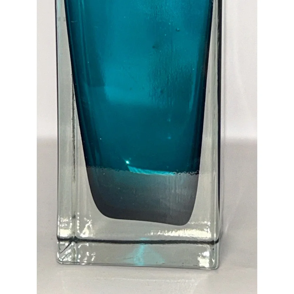 Modern Teal Sommerso Glass Vase Square Green Bud Vase‎ 8 Inch Heavy Clear Base
